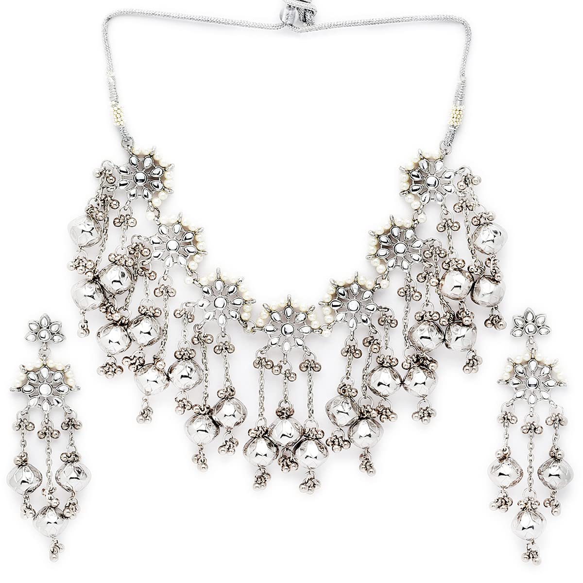 Karatcart Oxidised Silver Designer Silver Balls Studded Kundan Choker Necklace Set – Womens