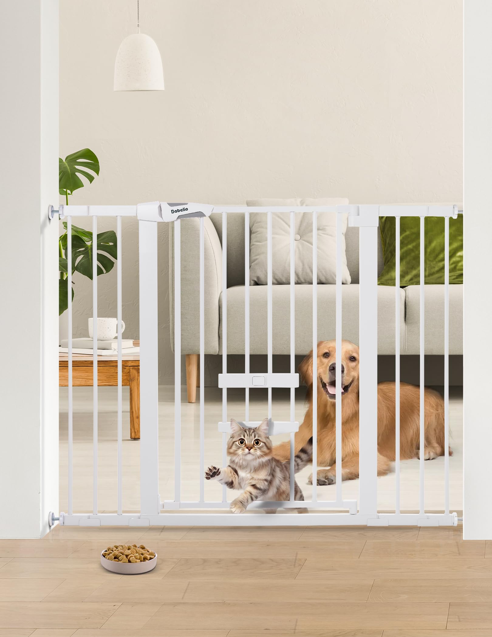 BABELIO 36 Inch Extra Tall Baby Gate with Cat Door, 29-48" Metal Dog Gate, Cat Gate for Stairs, Doorways, Auto Close Safety Gate with Pet Door, Easy Walk Thru,White