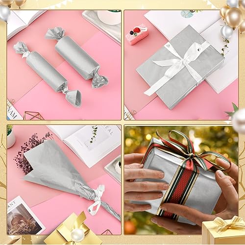 Miniatura 5 de Hlonon Papel de seda plateado para bolsas de regalo, 30 hojas de papel de seda de regalo plateado, papel de embalaje a granel para bodas,