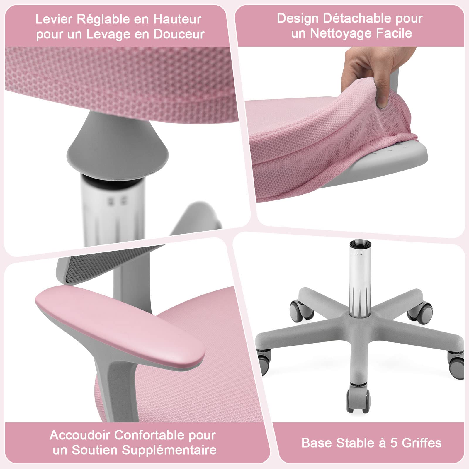 GOPLUS Chaise de Bureau pour Enfant, Chaise d’Étude avec Dossier Ergonomique et Siège Pivotant à 360°, Hauteur Réglable, pour Chambre d’Enfant, Capacité de Charge Max 150 Kg (Rose)