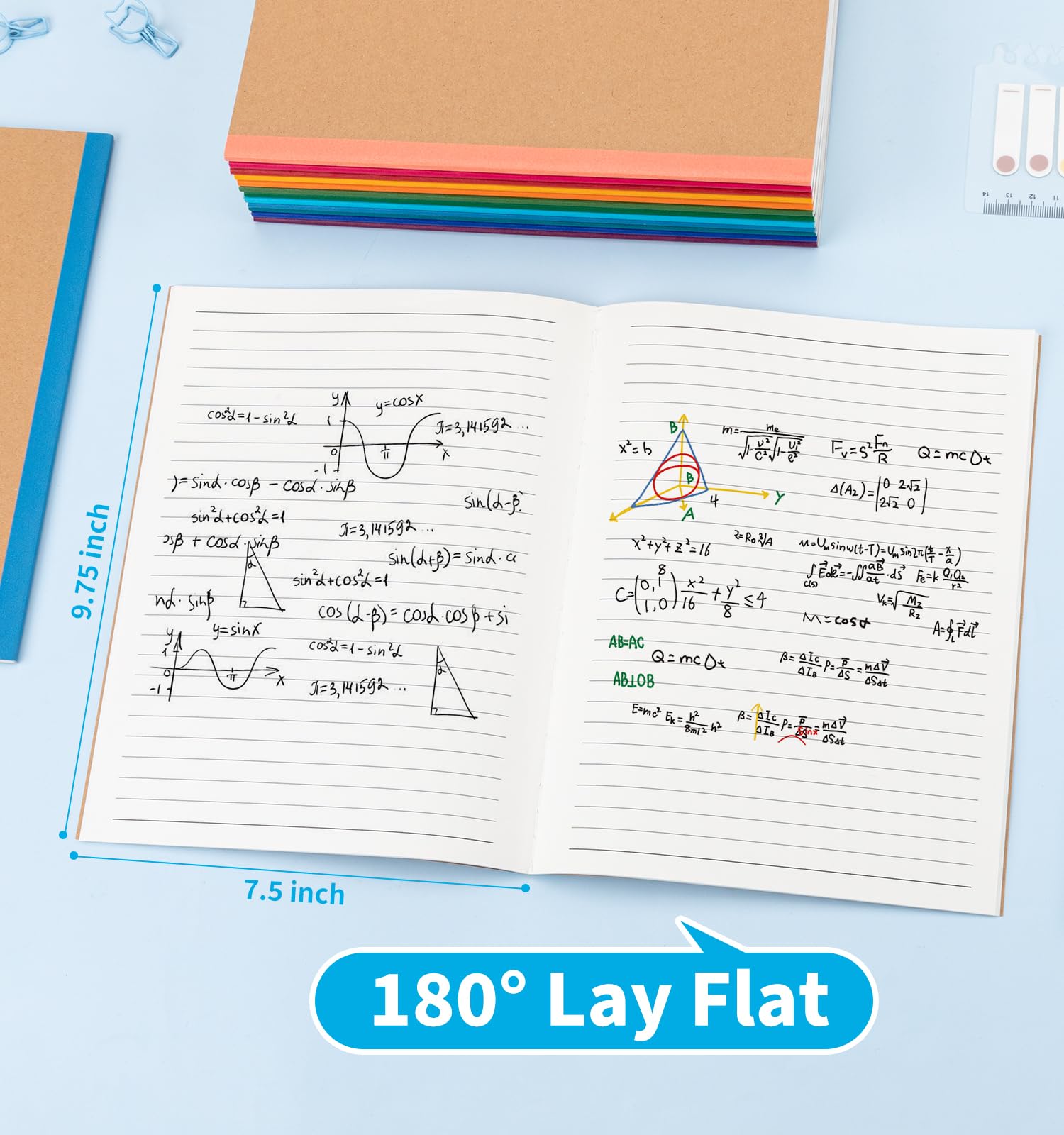 Paquete de 48 cuadernos rayados a granel, 7-1/2 x 9-3/4 pulgadas, papel rayado ancho, 30 hojas/60 páginas, cubierta kraft con lomos arcoíris, cuaderno de composición rayado de 12 colores para el