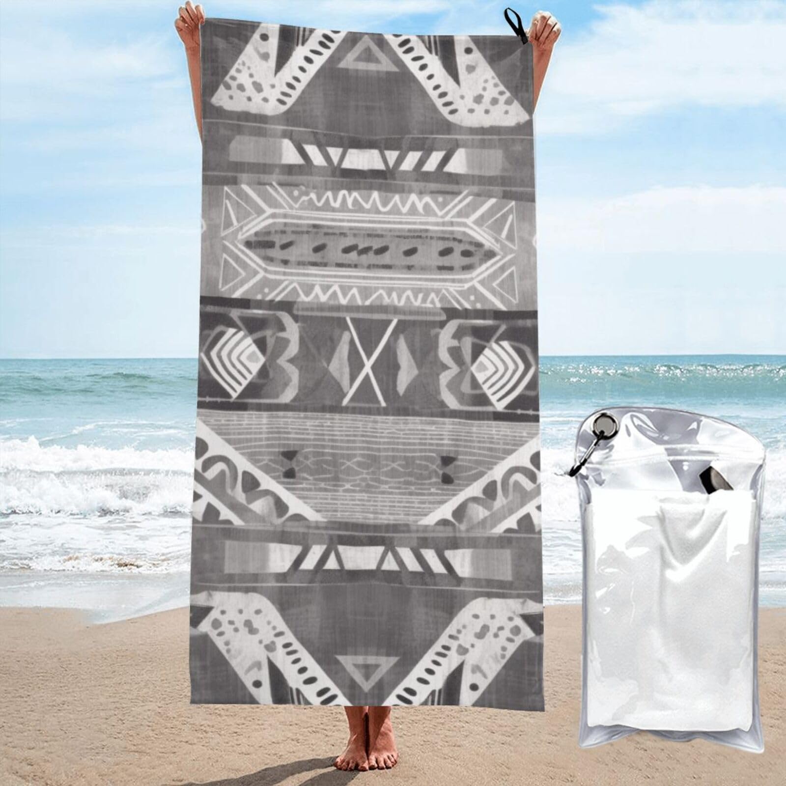 BWWHCCTI Grey_Tribal Printed Microfiber Quick Dry Beach Towel 70x140 CM, Fast Drying Bath Towels with Bags for Travel,Camping,Gym,Beach,Swimming,Yoga