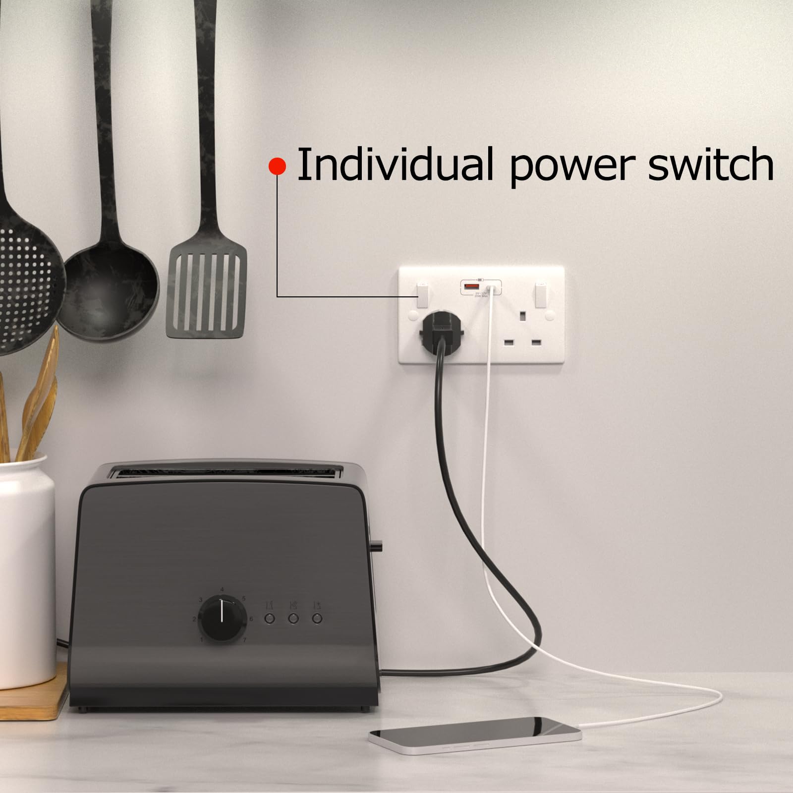 Ledivion Double Wall Socket with USB C Port 20W Fast Charging Standard UK Plug Socket 13 Amp 2 Gang White - Image 4