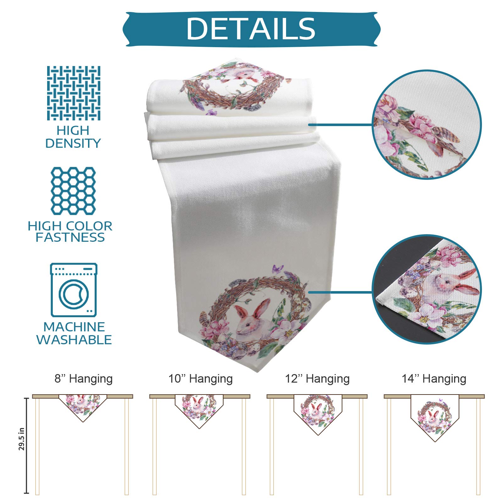 Easter Akwarela Kwiaty Królik Rabbit Biegacze, Akcesoria Kuchnia Dekoracja Dekoracji Stół Mata Home Event Party Tablecloth Wystrój stołu(33x229cm)