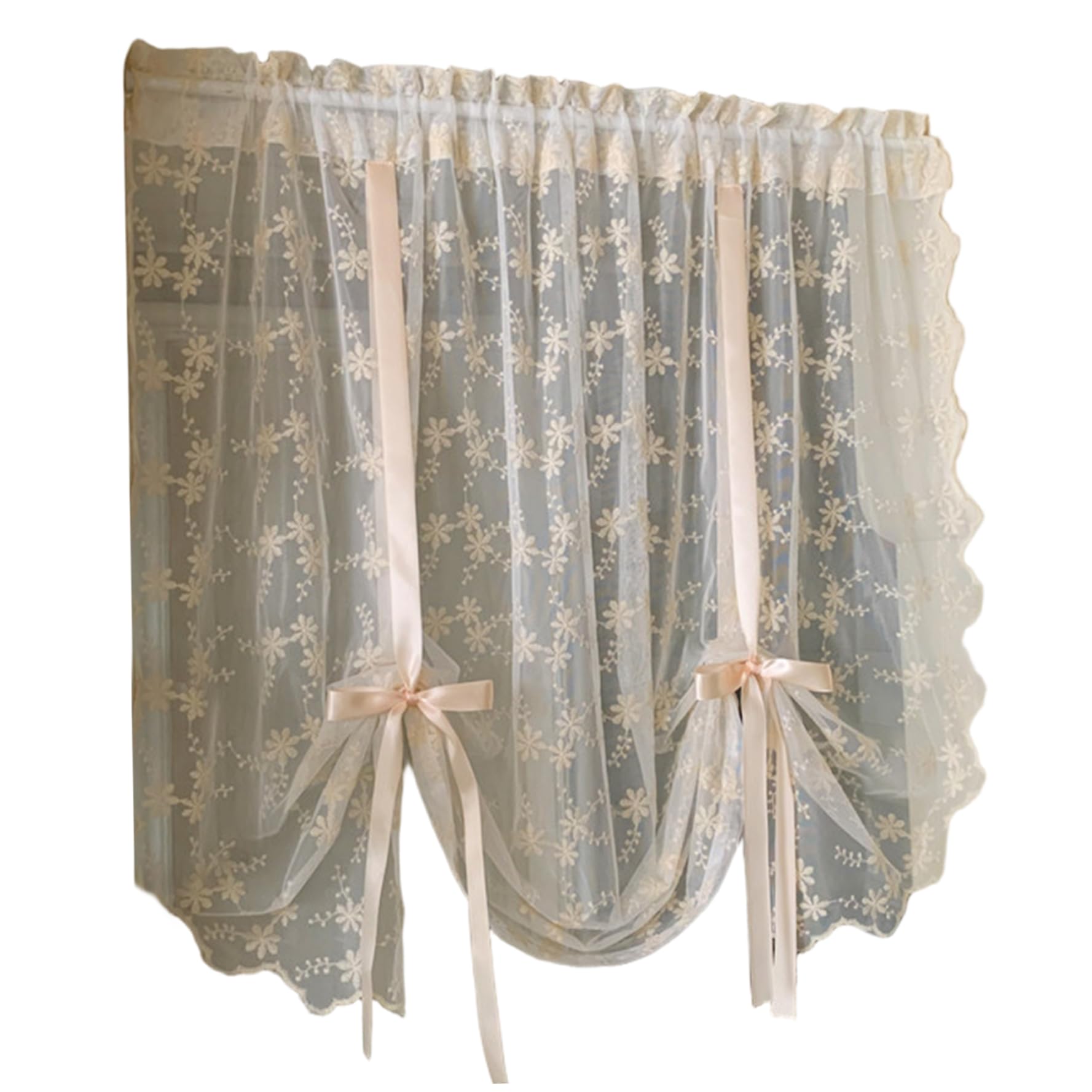 Takingup White Sheer Lace Curtains 39X49 Inch Floral Embroidered Balloon Curtains Rod Pocket Bowknot Tie Up Valances For Windows Door Kitchen - Lace