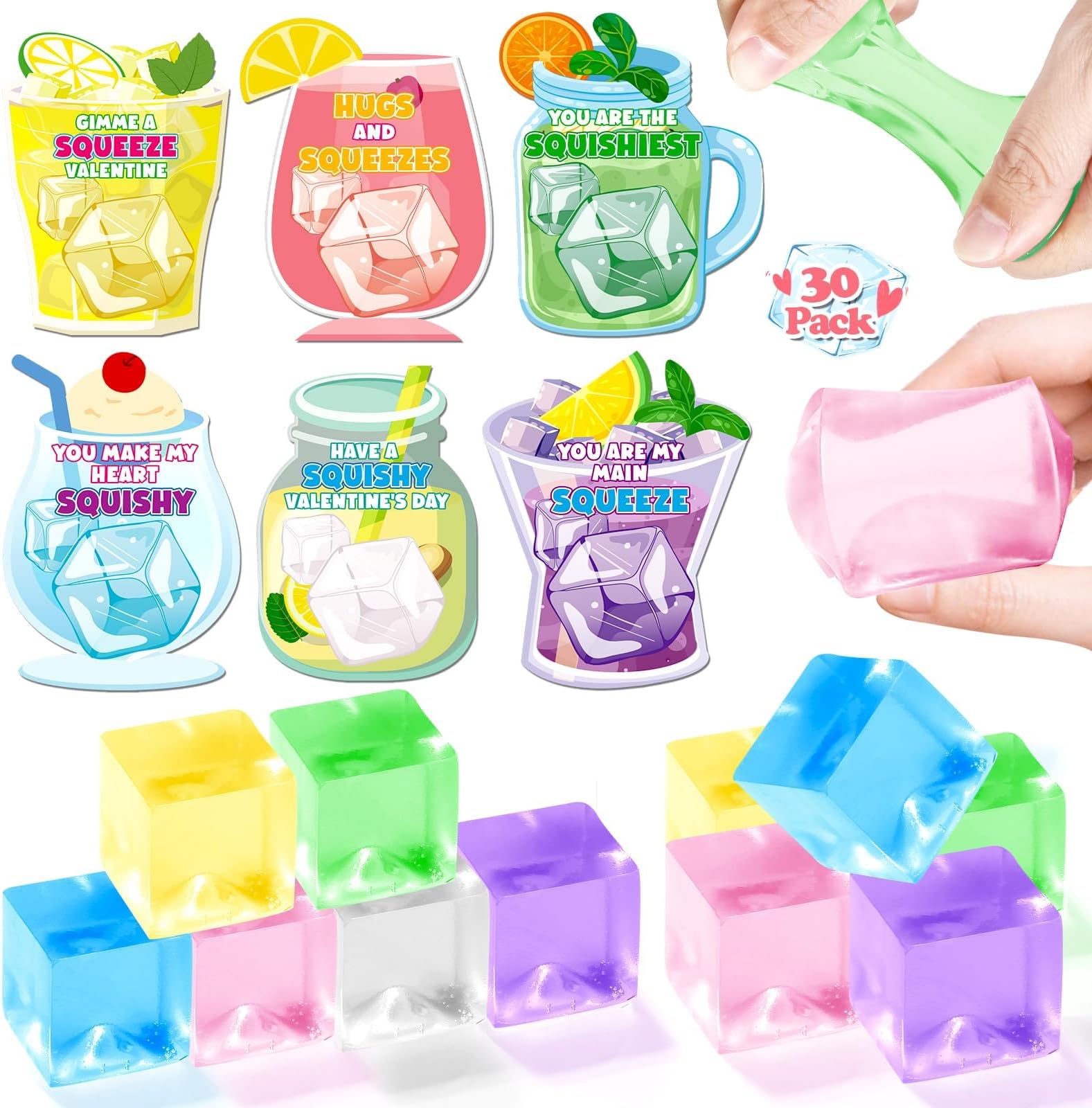 Valentines Gifts Cards for Kids, 30 Pack Ice Cube Squeeze with Greeting Card for Kid Classroom Exchange, Stretchy Stress Set for Boys Girls Toddler Gift School Party Favor