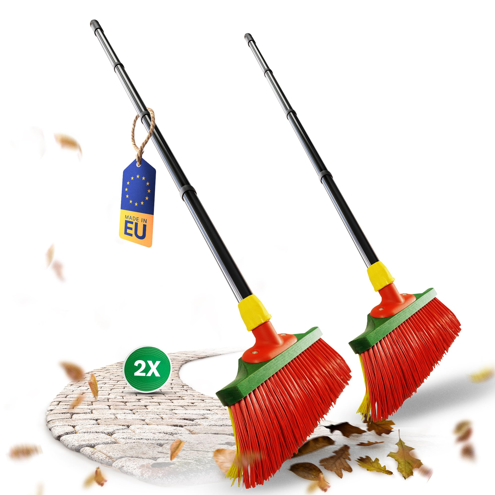 Novaliv 2X Krallenbesen mit Stiel 30cm, Spezialbesen gebogenen Borsten Borsten Rot Gelb -Ideal als Gartenbesen, Kratzbesen, Kunstrasen Besen, Optimal für Camping, Straßenbesen