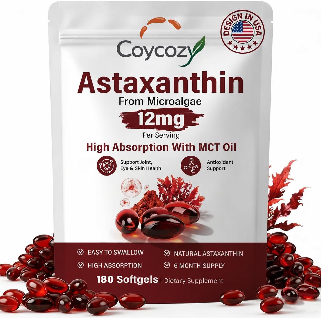 Astaxanthin 12mg Natural Softgels Astaxanthin Supplement Antioxidant Support Eye Skin Health | Internal Circulation,6 Month Supply| Non-GMO,Gluten-Free,No Soy (180 Count (Pack of 1)