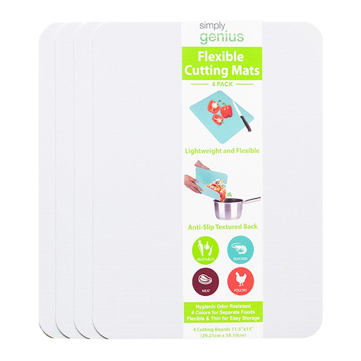 Simply Genius Plastic Cutting Boards for Kitchen - Color Coded Chopping Board Set - Flexible Cutting Mats for Meat & Vegetables - Dishwasher Safe, Non-Slip, BPA Free (4-Pack White, Large 11.5"x 15")