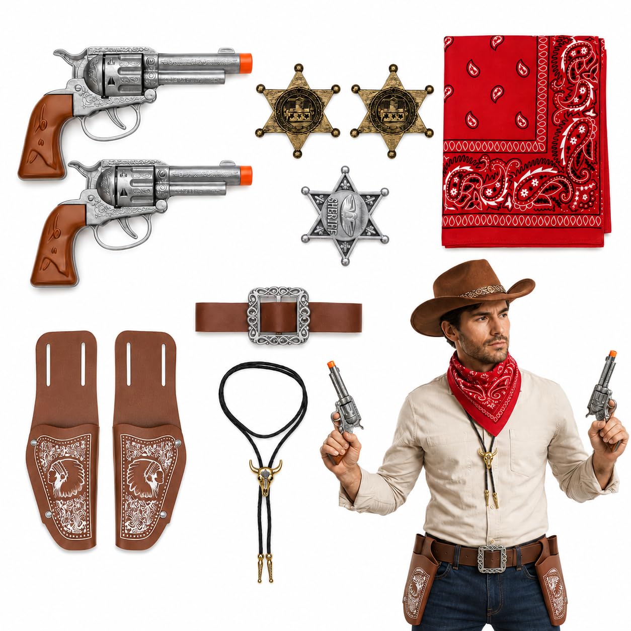KTJEGE 9 Pcs Cowboy Outfit Accessories Set,Wild Western Cowboy Fake Gun Set
