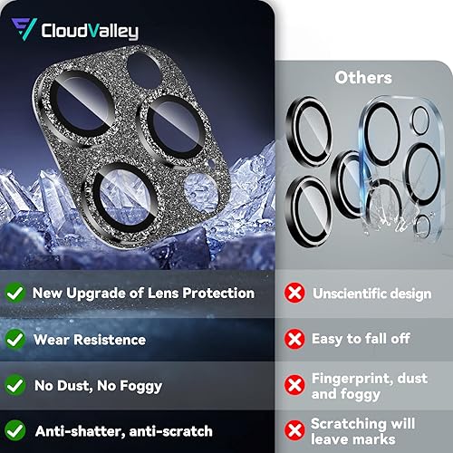 Miniatura 2 de CloudValley Protector de lente de cámara con purpurina para iPhone 14 ProiPhone 14 Pro Max, vidrio templado 9H diseño todo en 1, compatible con