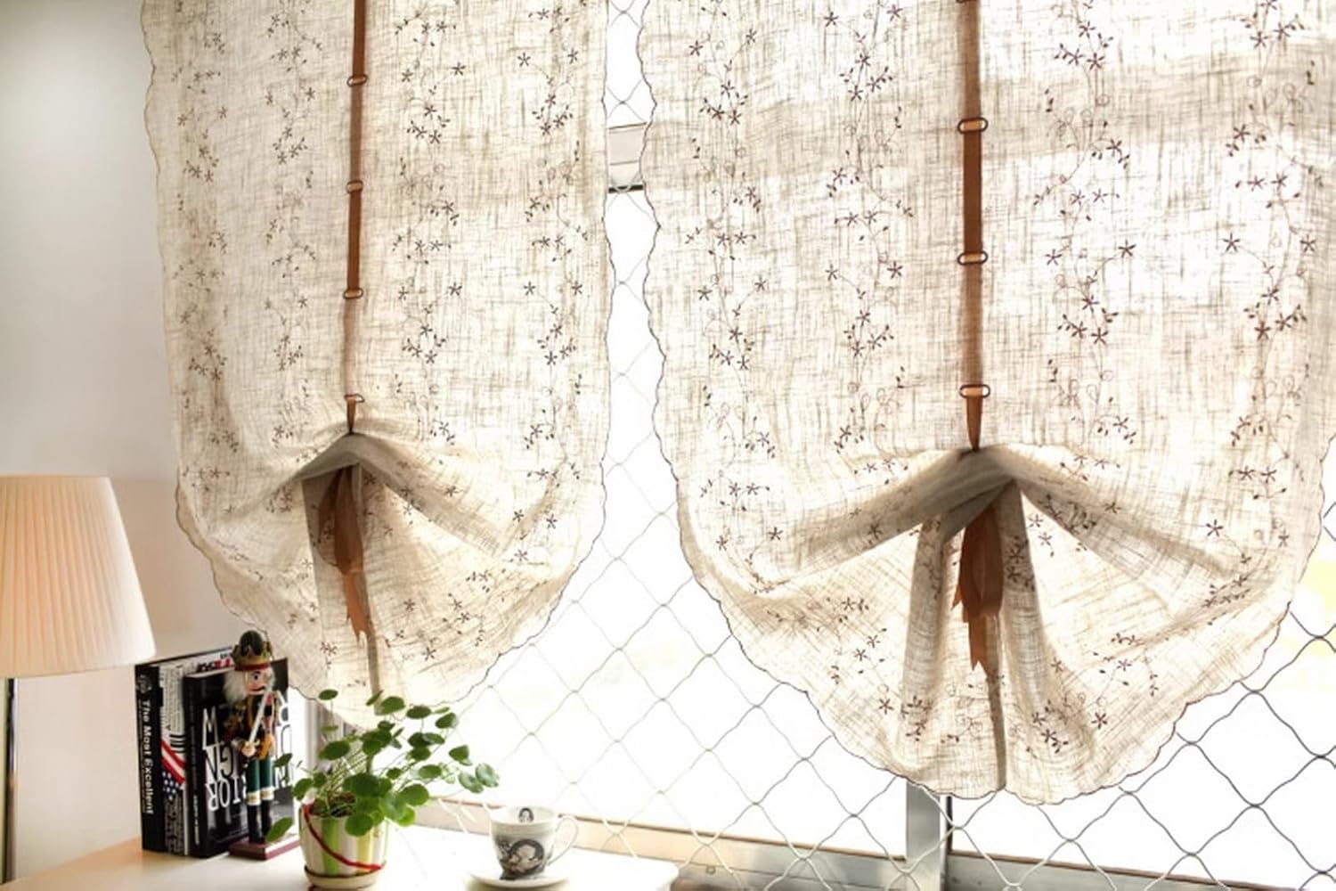 Cotton Linen Semi Transparent Floral Embroidered Fabric Balloon Curtain Window Roman Shades Window Treatment Tie Up Curtain Farmhouse Adjustable Tie Tieup, Rod Pocket/Pinch Pleat, 2 Pieces
