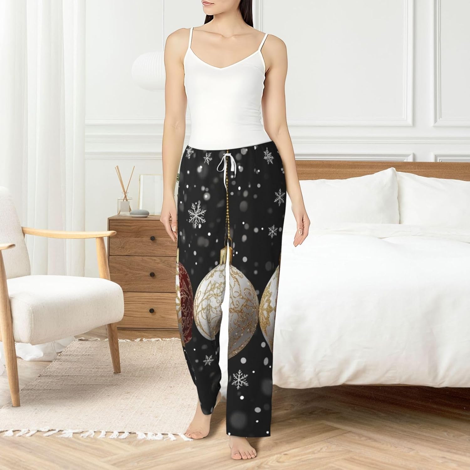 Women'S Glittering-Christmas-Ornament Fleece Pajama Pants, Cozy Flannel Lounge Bottoms For Women