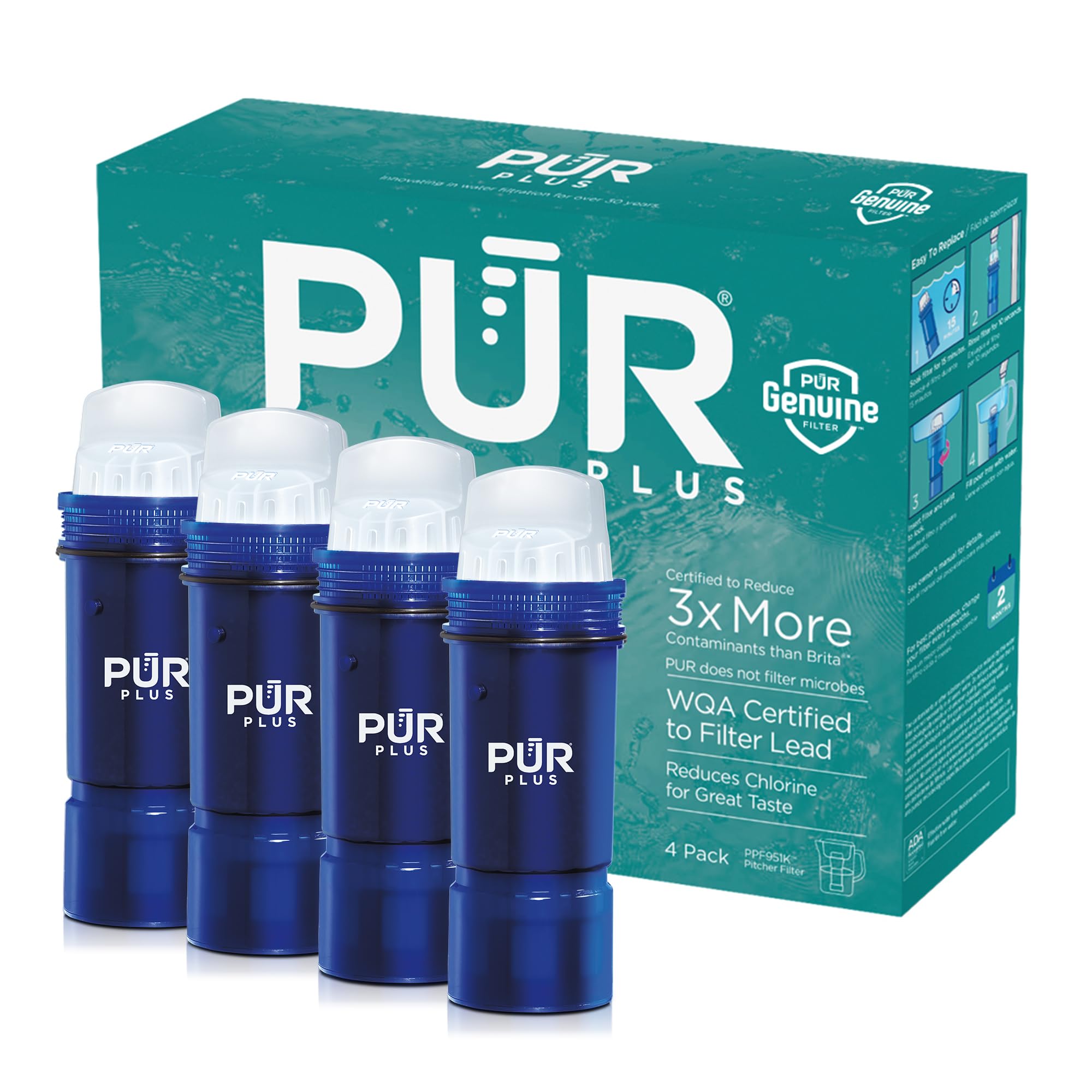PUR PLUS Water Pitcher Replacement Filter with Lead Reduction 4 Pack Blue Compatible with all PUR Pitcher and