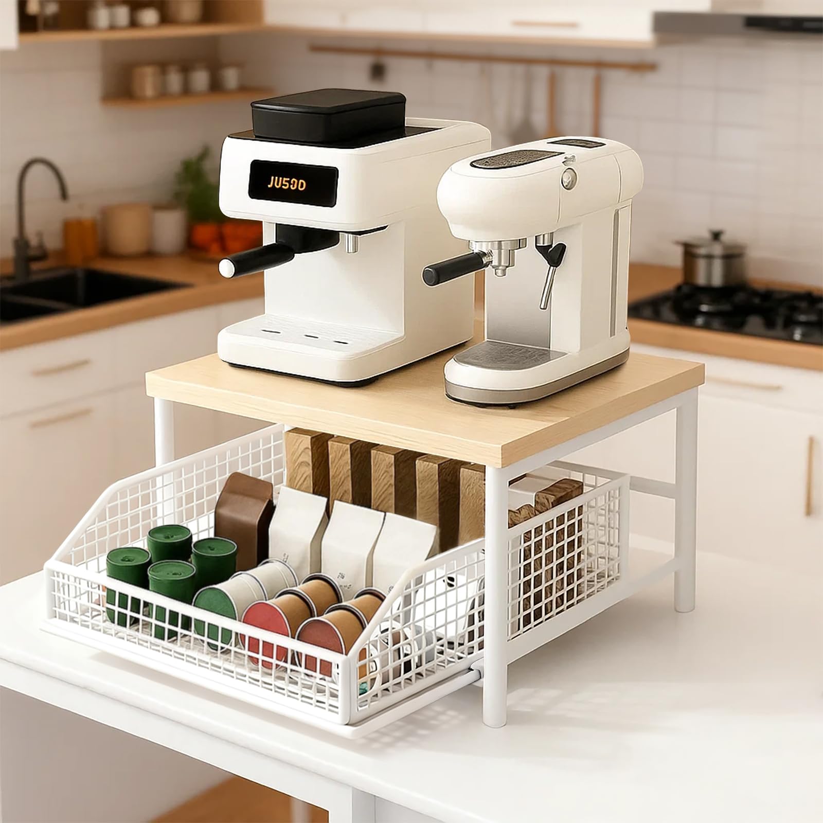 Sunnynest White Sunnynestpremium 2-Tier Kitchen Countertop Organizer With Drawer Metal Baskets Space-Saving Wooden Metal Storage Shelf For Utensils Spices Coffee Condimentsfor Home Kitchen (White)
