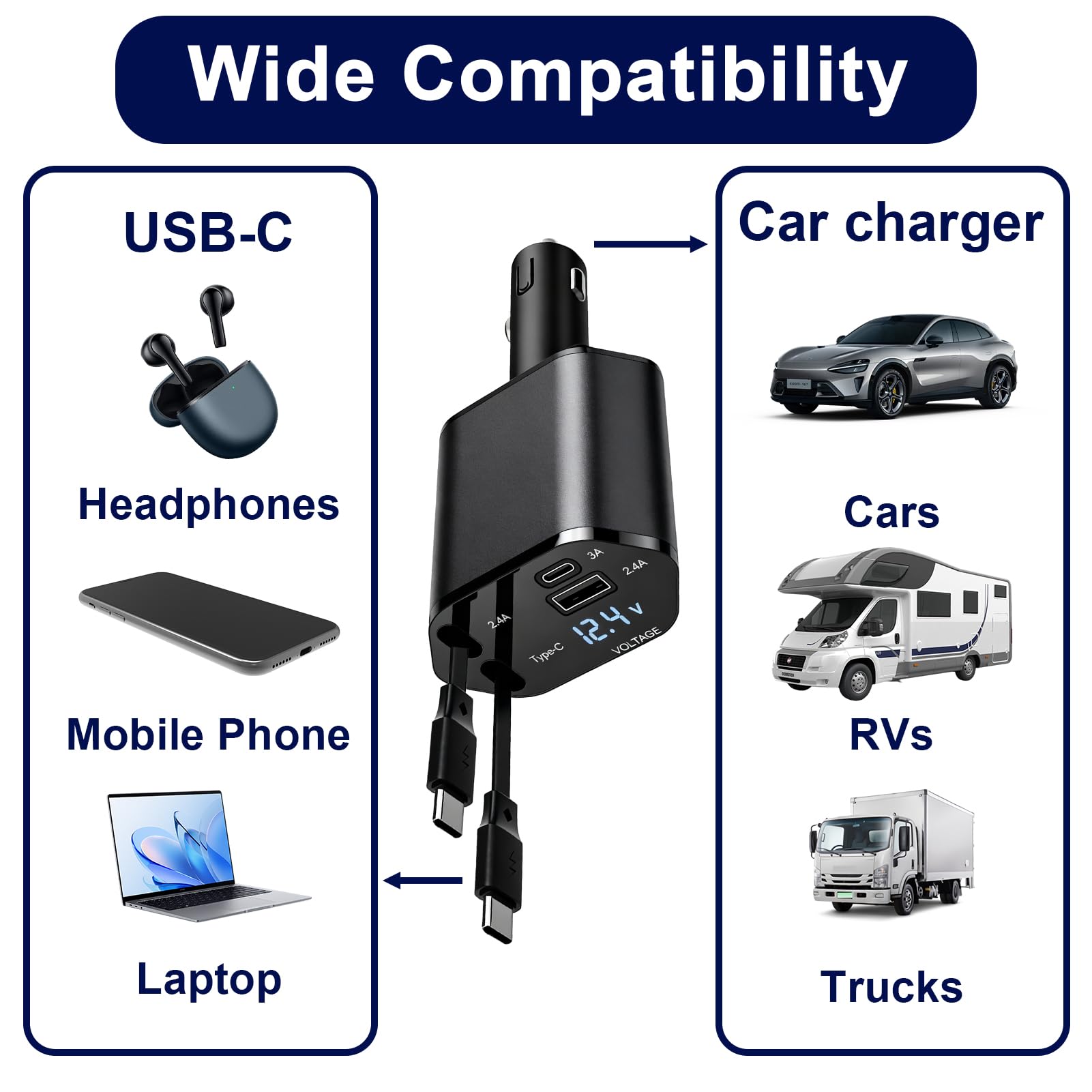 Adattatore accendisigari USB 4 in 1 con 2 cavi PD Tipo C 30W 20W USB-A USB-C caricatore retrattile per auto
