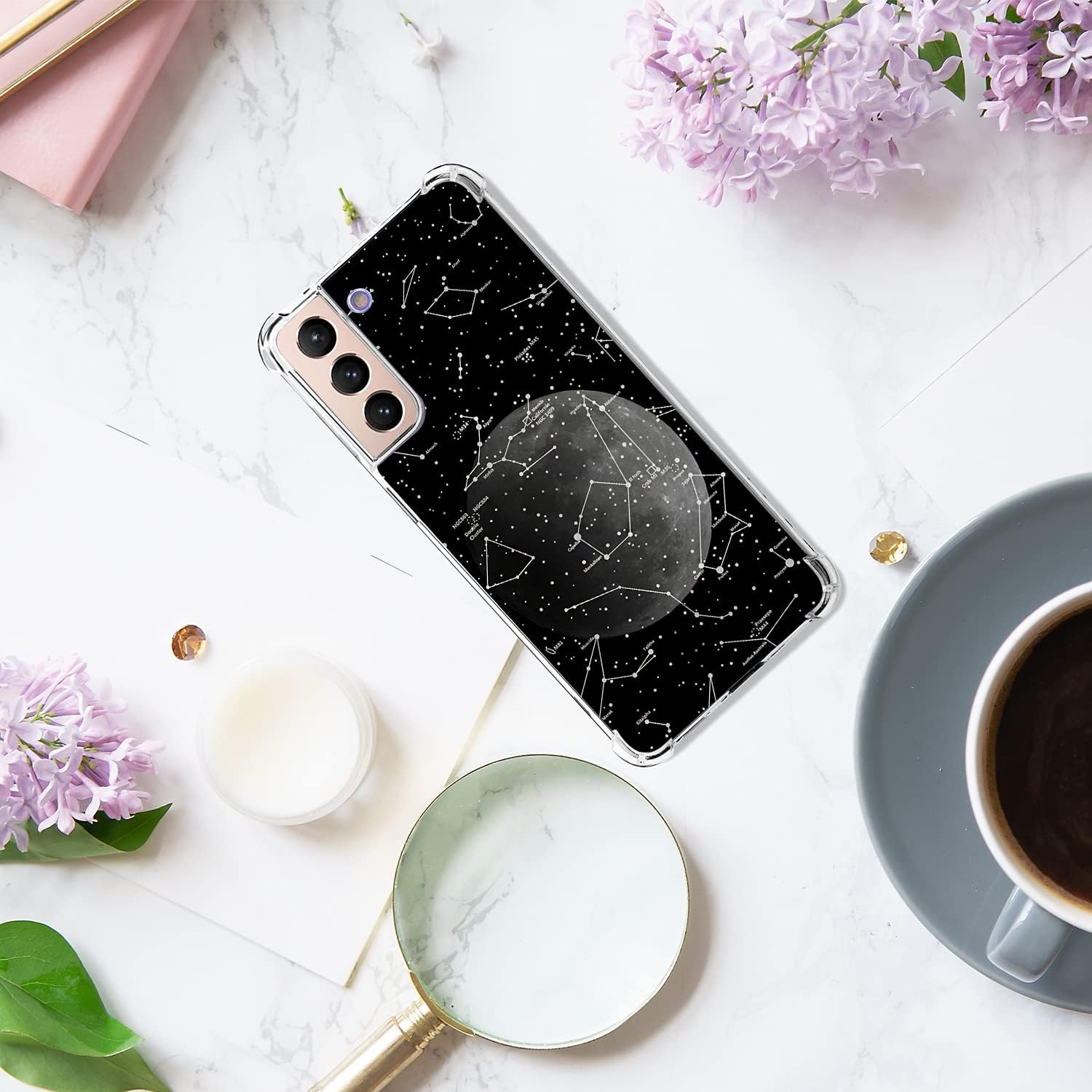 Compatible with Samsung Galaxy S21 Plus 5G 6.7 Inch Case 2021, Constelltion Black Space Moon Star Design Pattern Full Body Protection Cover, Flexible Shockproof TPU Bumper Slim Thin Cover