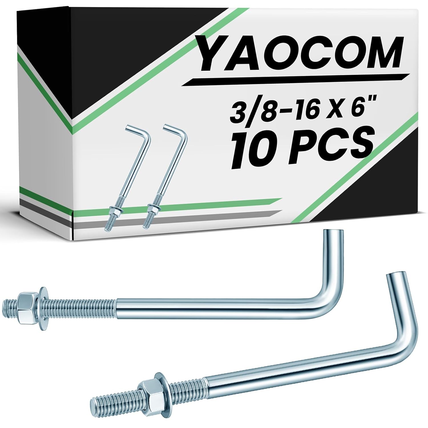 10 Pcs J Bolt Galvanized Anchor Bolts Galvanized Concrete Fastener Concrete Cement Post Anchor with Nuts and Washers for Foundation Wall Hardware Brick Projects, Gray(5/8-11 x 10)