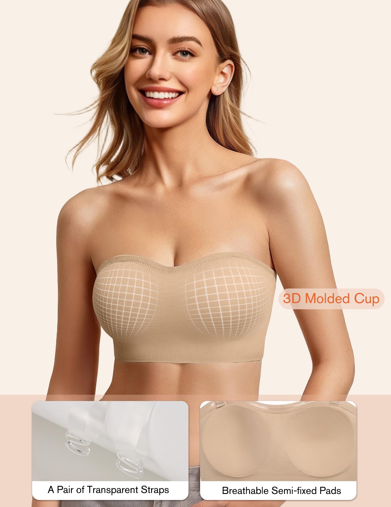 Strapless Bras for Women Non-Slip Bandeau Bra Push Up Invisible Bralettes Seamless Wireless No Underwire Padded Tube Top Bra - 3