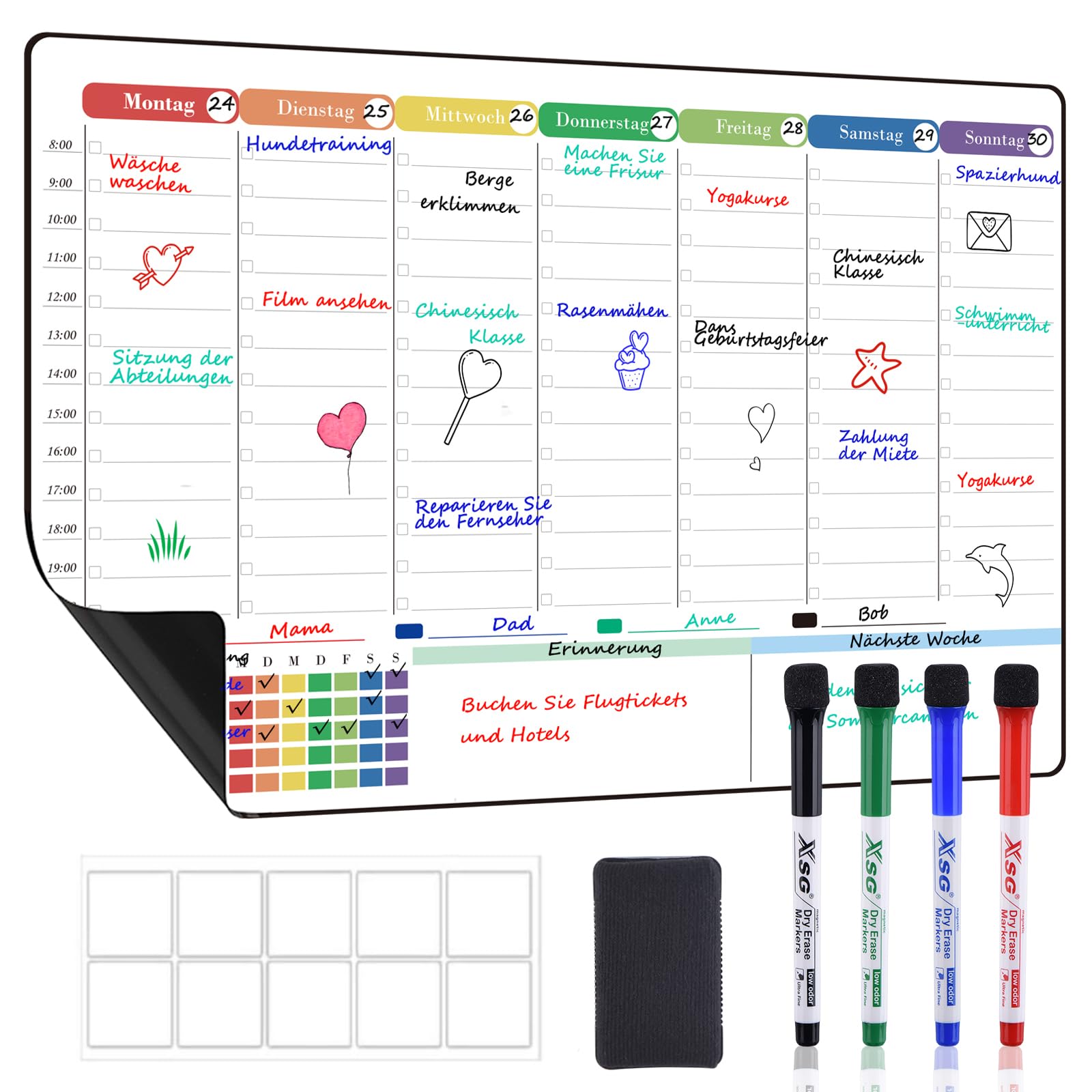 POPRUN Magnetisch Wochenplaner Whiteboard Abwischbar für Kühlschrank, Haushaltsplaner Familienplaner Stundenplan Perfect als Wochenplan Kinder,Essensplaner,Memoboard,Einkaufsliste, 42×28cm auf Deutsch