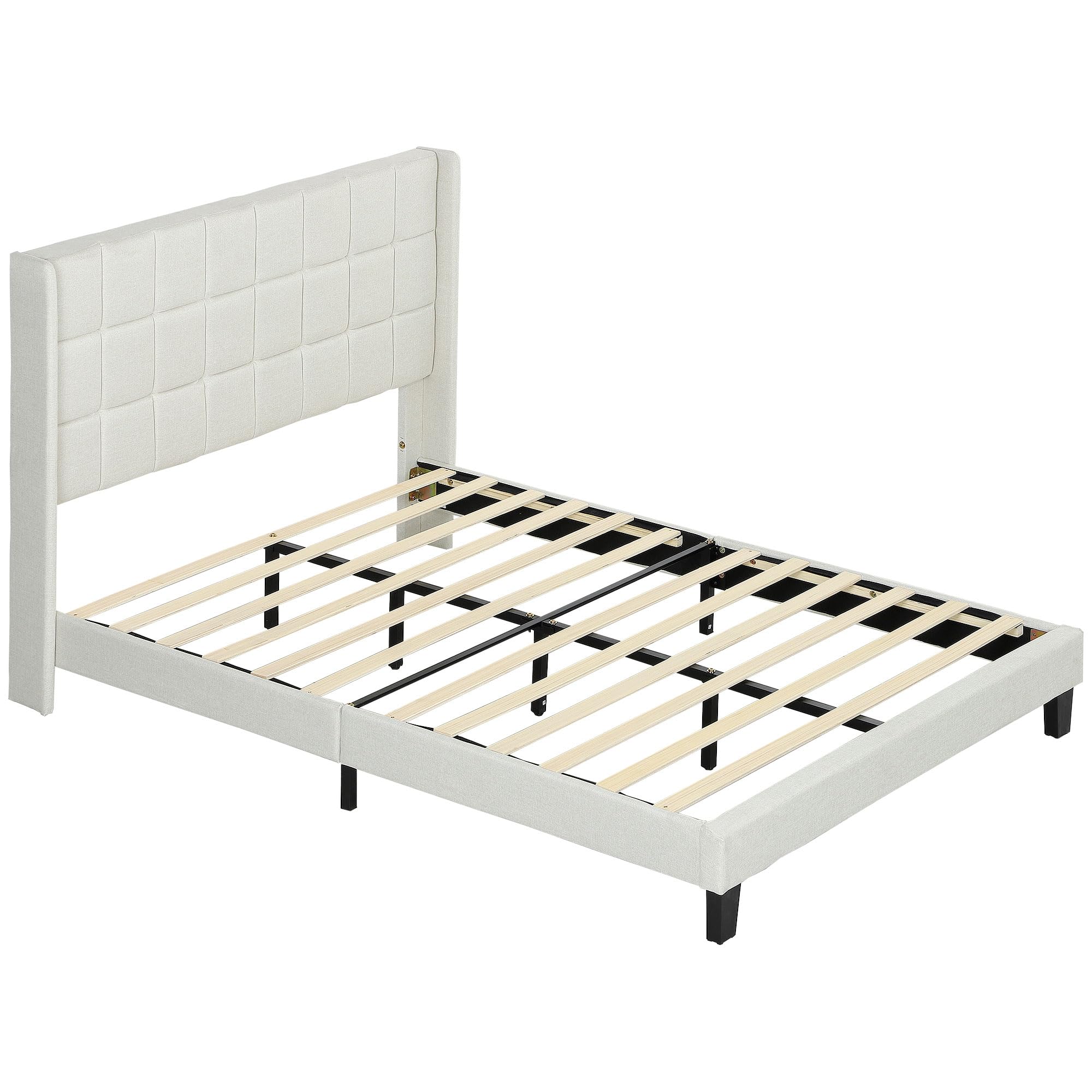 HOMCOM Cama 135x190 cm Estructura de Cama Somier con Cabecera Tapizada de Lino Sintético y Espacio de Almacenamiento Debajo de la Cama Carga 300 kg Beige