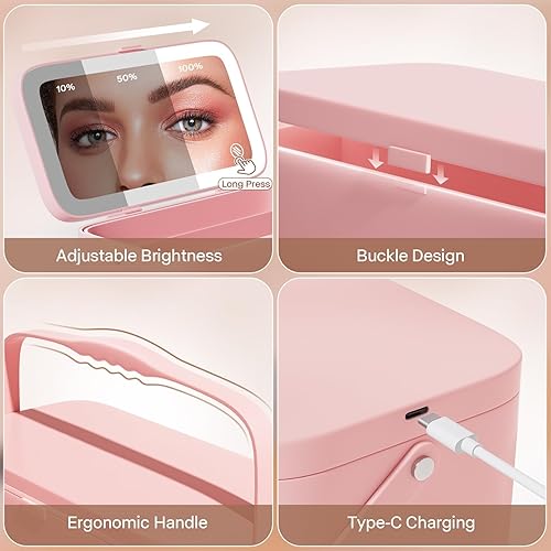 Miniatura 3 de Buqikma Caja organizadora de maquillaje de viaje con espejo, estuche de almacenamiento de maquillaje multiusos para mujer, Rosa - Recargable-3