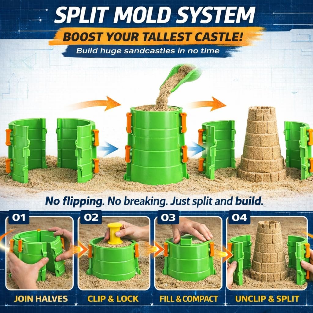 Liberty Imports Beach Builder Create a Sand Castle Pro Building Split Mold Sand Castle Construction, Plastic Beach Toy for Kids (18 Pcs)