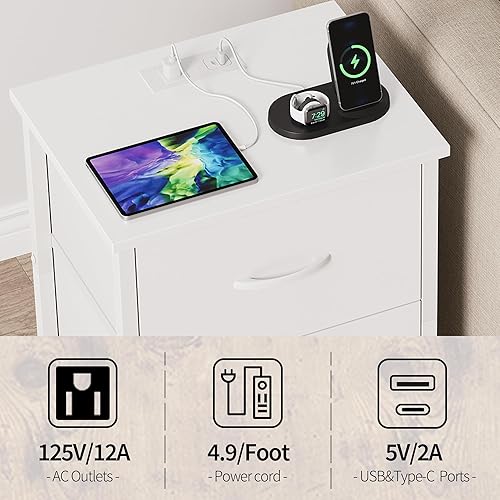 Miniatura 4 de Vagusicc Mesita de noche con estación de carga, mesita de noche con puertos USB y tomacorriente, mesa auxiliar con 2 cajones de tela para