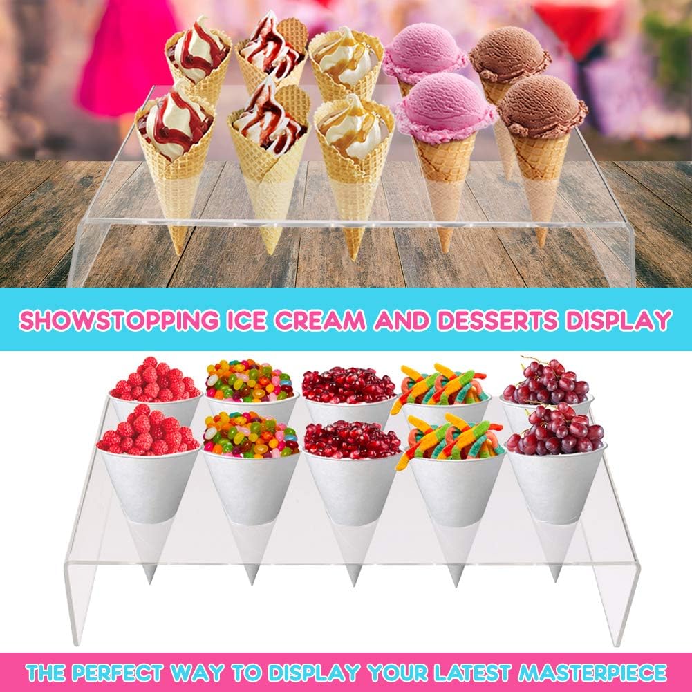 Comfecto Clear Ice Cream Cone Holder Stand with 10 Holes, Acrylic Cotton Candy Holder Rack for Candy Hand Sushi Roll Sweets Wedding Baby Shower Birthday Party Christmas Snack Tray