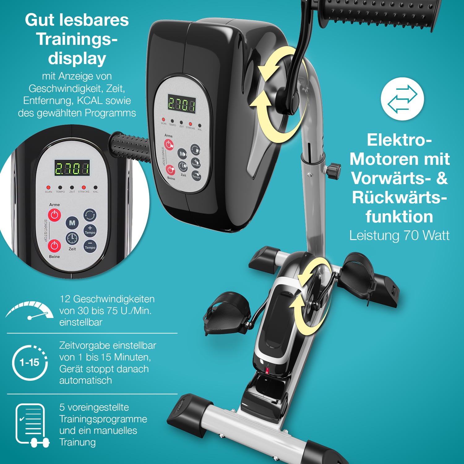 maxVitalis 2in1 Arm und Beintrainer mit Motorunterstützung, Elektro Heimtrainer höhenverstellbar, Trainingscomputer 6 Programme
