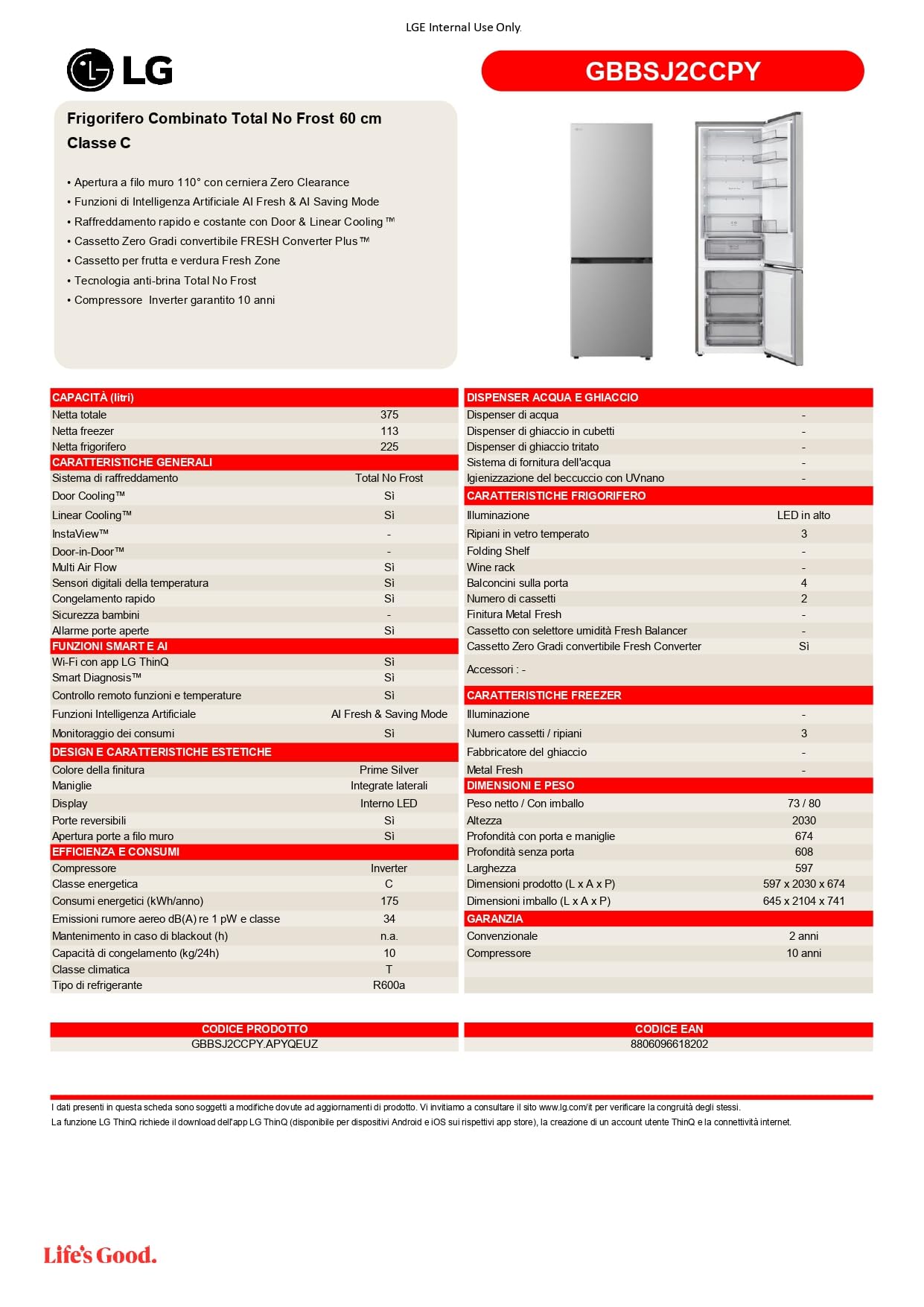 LG GBBSJ2CCPY Frigorifero Combinato Larghezza 60 cm Fit & Max, Classe C, Raffreddamento Ottimizzato con AI Saving, Total No Frost, Door e Linear Cooling, 375 L, Wi-Fi, Smart Inverter, Prime Silver