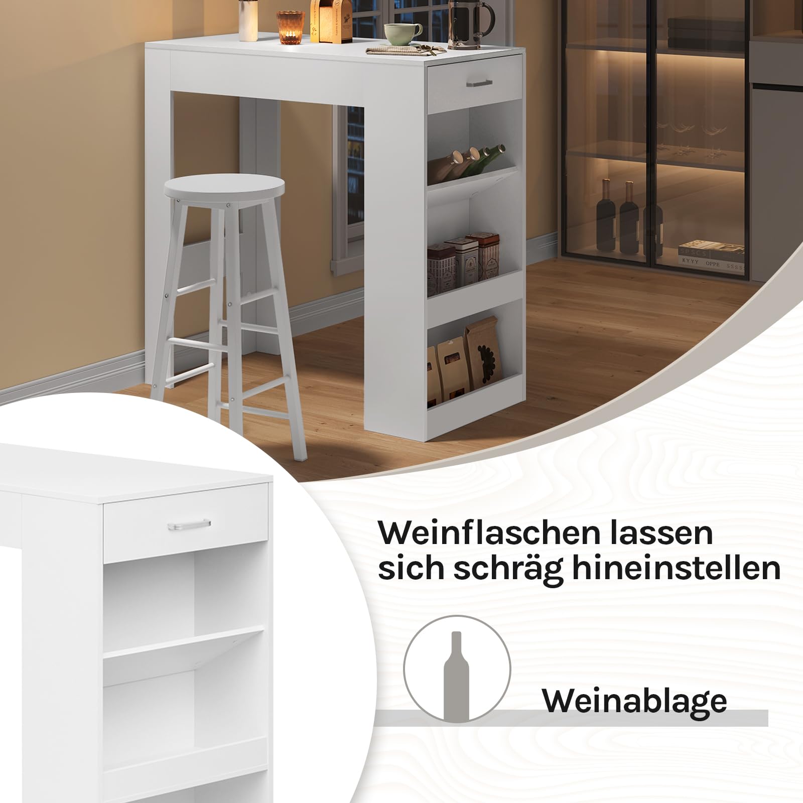 WOLTU Bartisch, Stehtisch mit 1 Schublade & 3 Ablagen, Küchentisch mit Weinregal, Bistrotisch für Bar Küche Wohnzimmer Esszimmer (Mit Brett, Weiß, 100 x 50 x 100 cm)