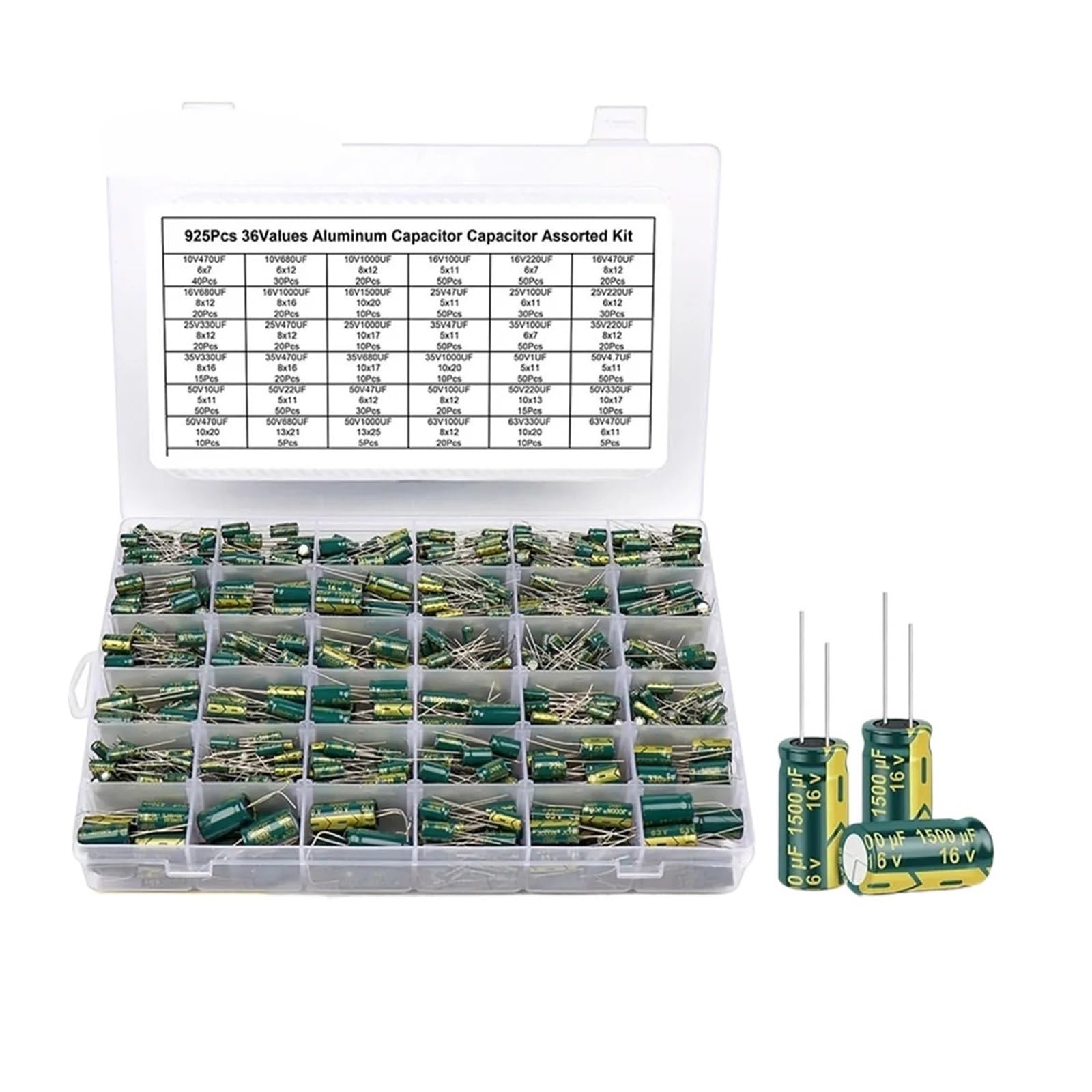 Kit condensateur aluminium 925pcs 36 valeurs pour ateliers de bricolage et projets robotiques