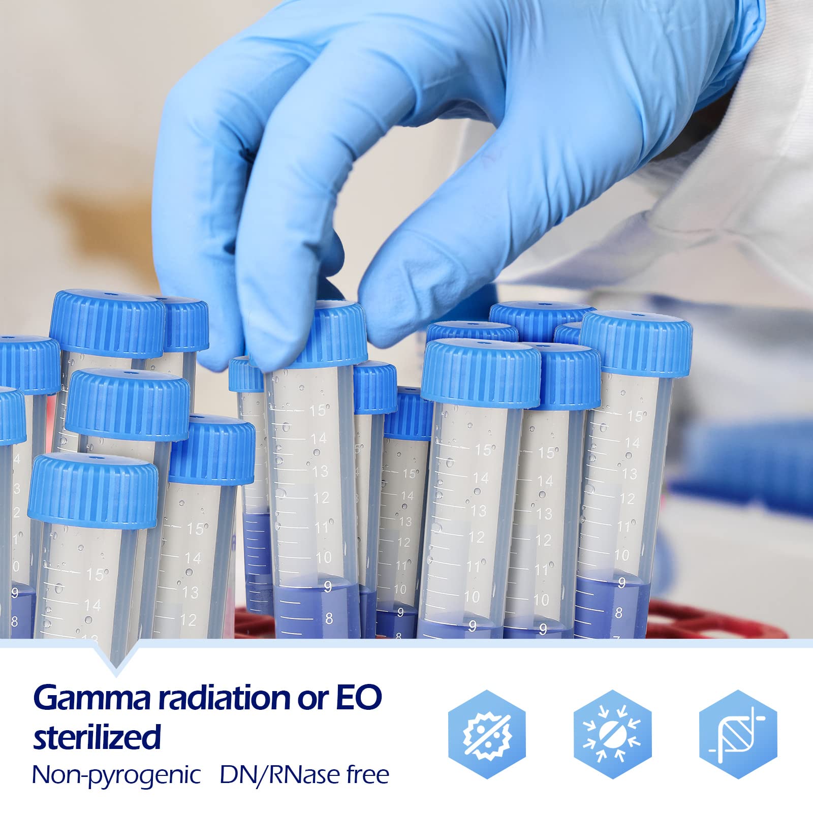 Konohan Provette coniche per centrifuga sterili, in plastica, con tappi a vite, contenitore conico in polipropilene con segni graduati e fondo (confezione da 400, tappo blu, 15 ml)