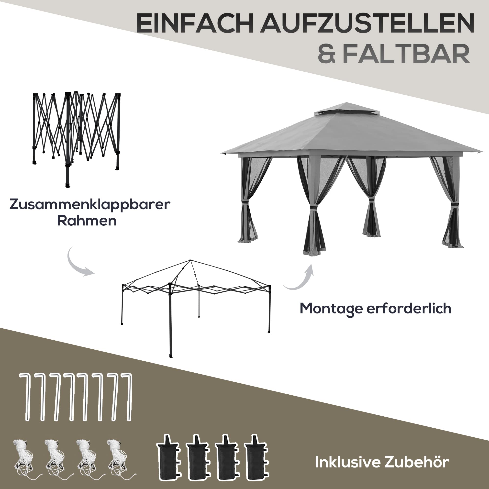 Outsunny Pavillon 4x4m Stabil Winterfest Pop-up Gartenpavillon mit Doppeldach, UV Schutz 50+ Partyzelt Gartenzelt mit 4 Seitenteilen Tasche Sandsäcke für Camping Garten Festival, Dunkelgrau