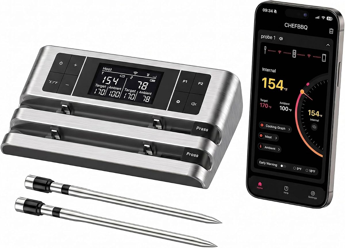 Wireless Meat Thermometer, Dual Probe, 500FT App Monitoring | Digital Smart Base, ambient & food sensors, preprogrammed temps, precision cooking for BBQ, oven, grill