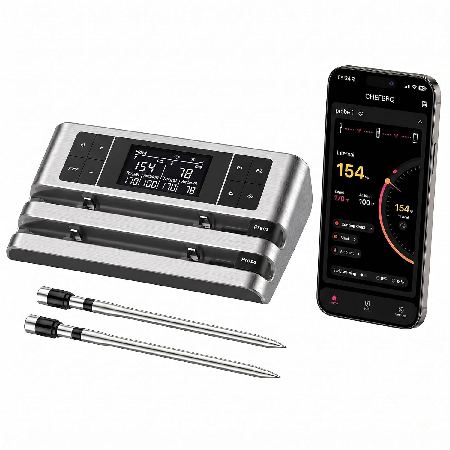 Wireless Meat Thermometer, Dual Probe, 500FT App Monitoring