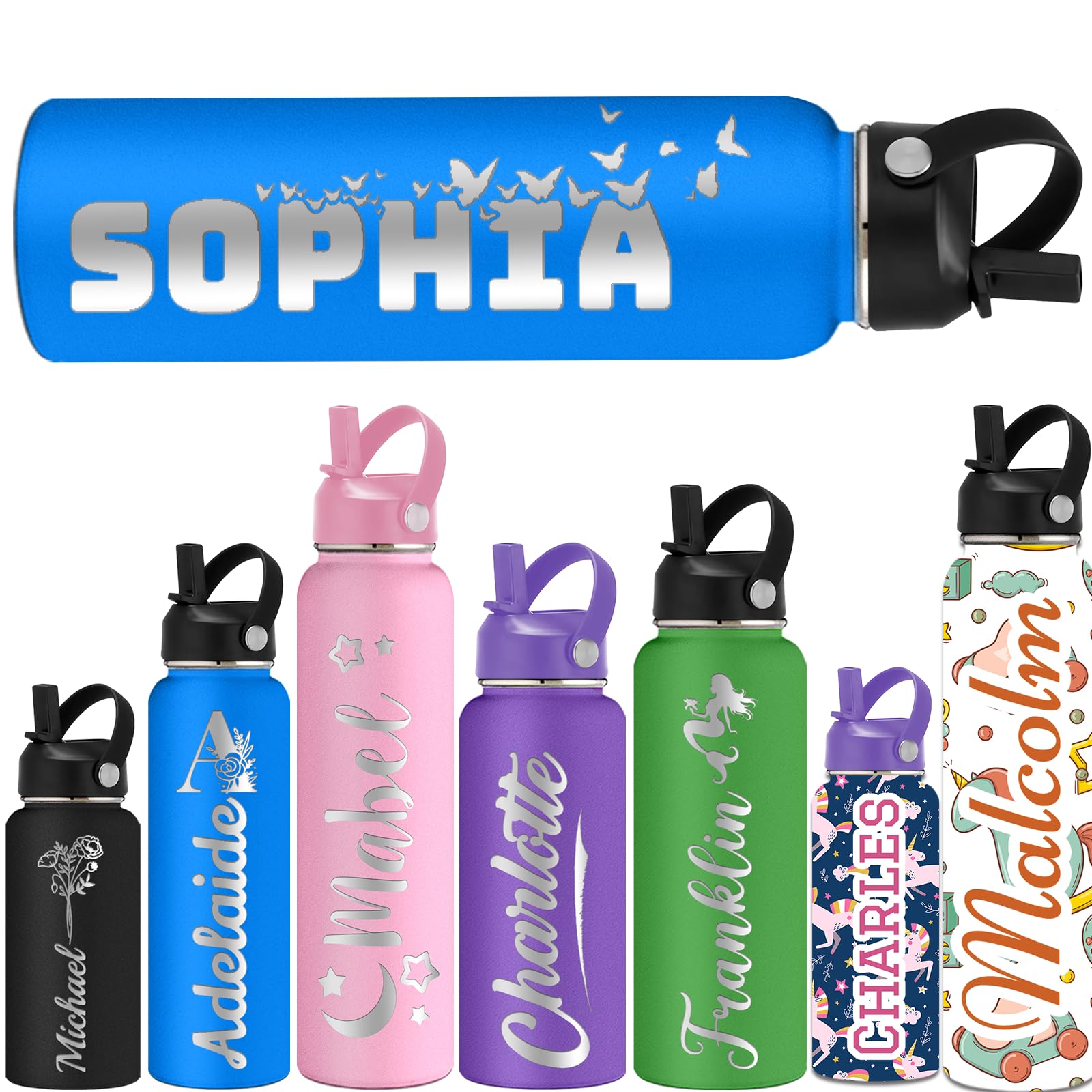 ShAxzHen Personalised Water Bottles for Kids with Straw Lid 40/32/24/18/12oz Custom Insulated Water Bottle Stainless Steel with Name Logo Customised Engraved Cups for School Sport Gym Name Blue
