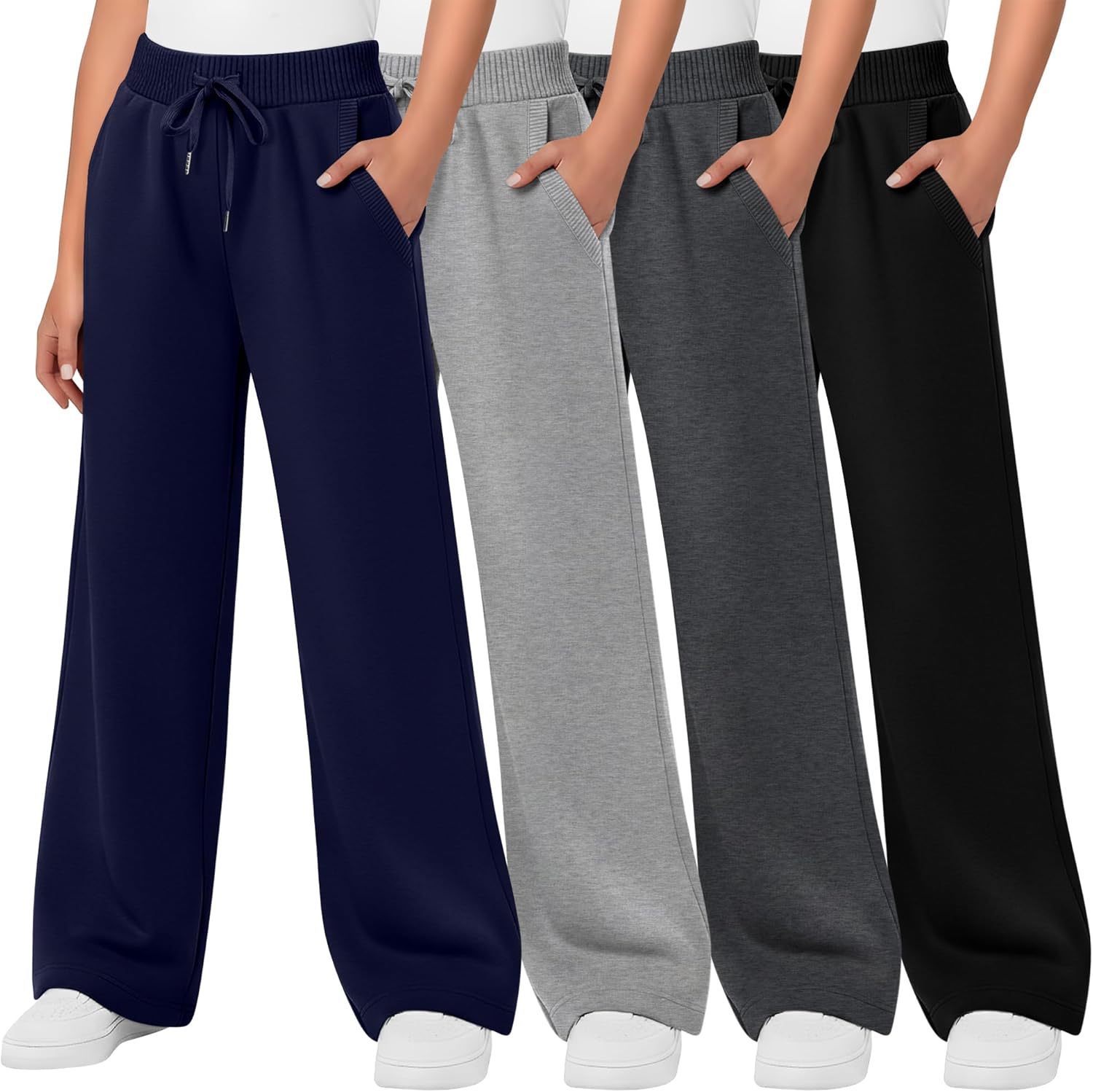 4 Pack Girls' Sweatpants Straight Leg Drawstring Kids Joggers Open Bottom Baggy Teen Pants with Pockets