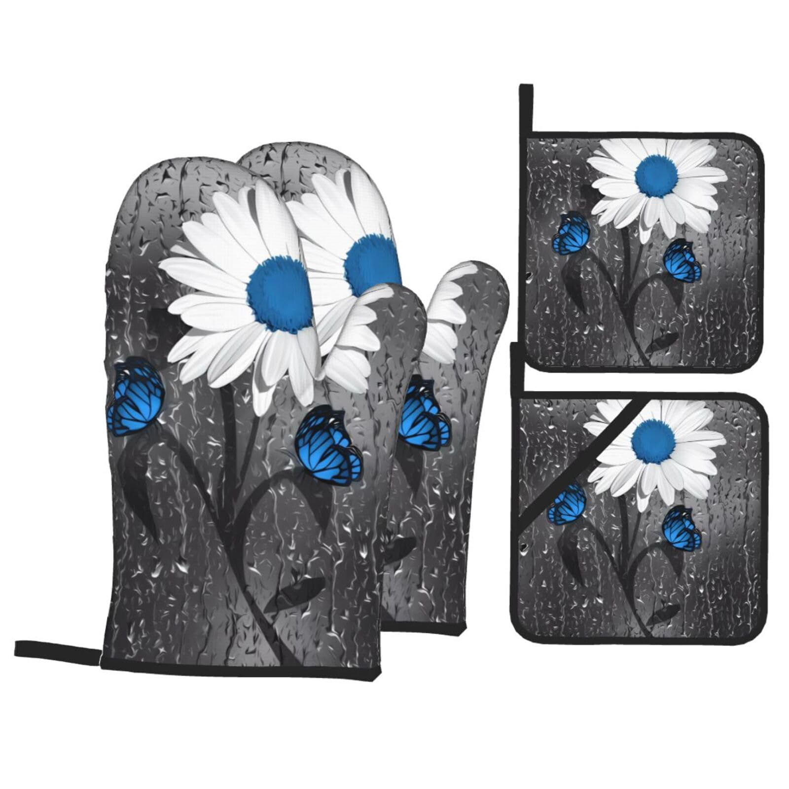 WHJSSF White Blue Daisy Prints 4-Piece Waterproof Oven Throws & Heat Resistant Pot Covers – Durable Kitchen Layers for Grilling & Baking