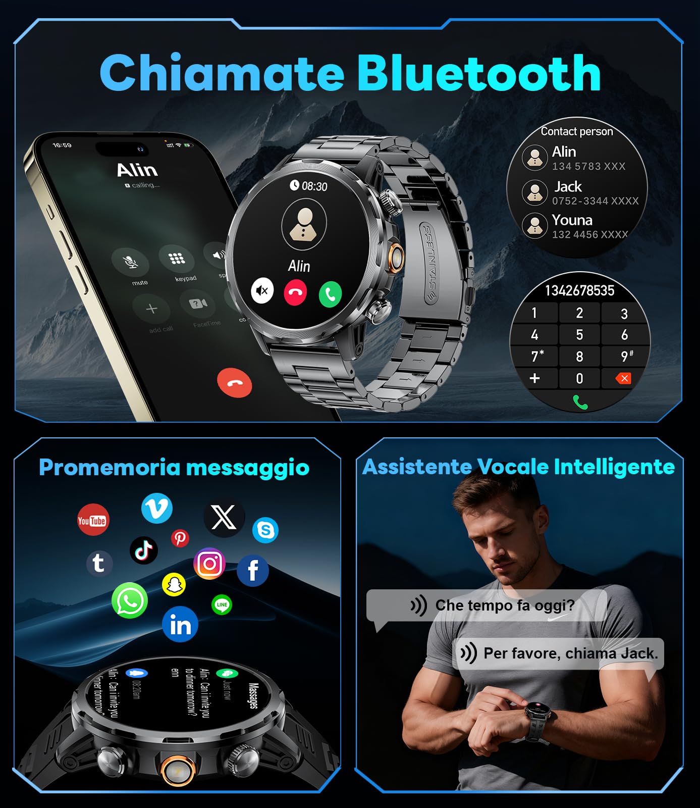 BENYAR Smartwatch Uomo Militare con 1000mAh/Torcia LED/Due Cavi,1,7" Orologio Smartwatch Fitness con Chiamate/IP68 Impermeabile/100+ Sportive/Cardiofrequenzimetro/Sonno/Notifiche Messaggi Android iOS