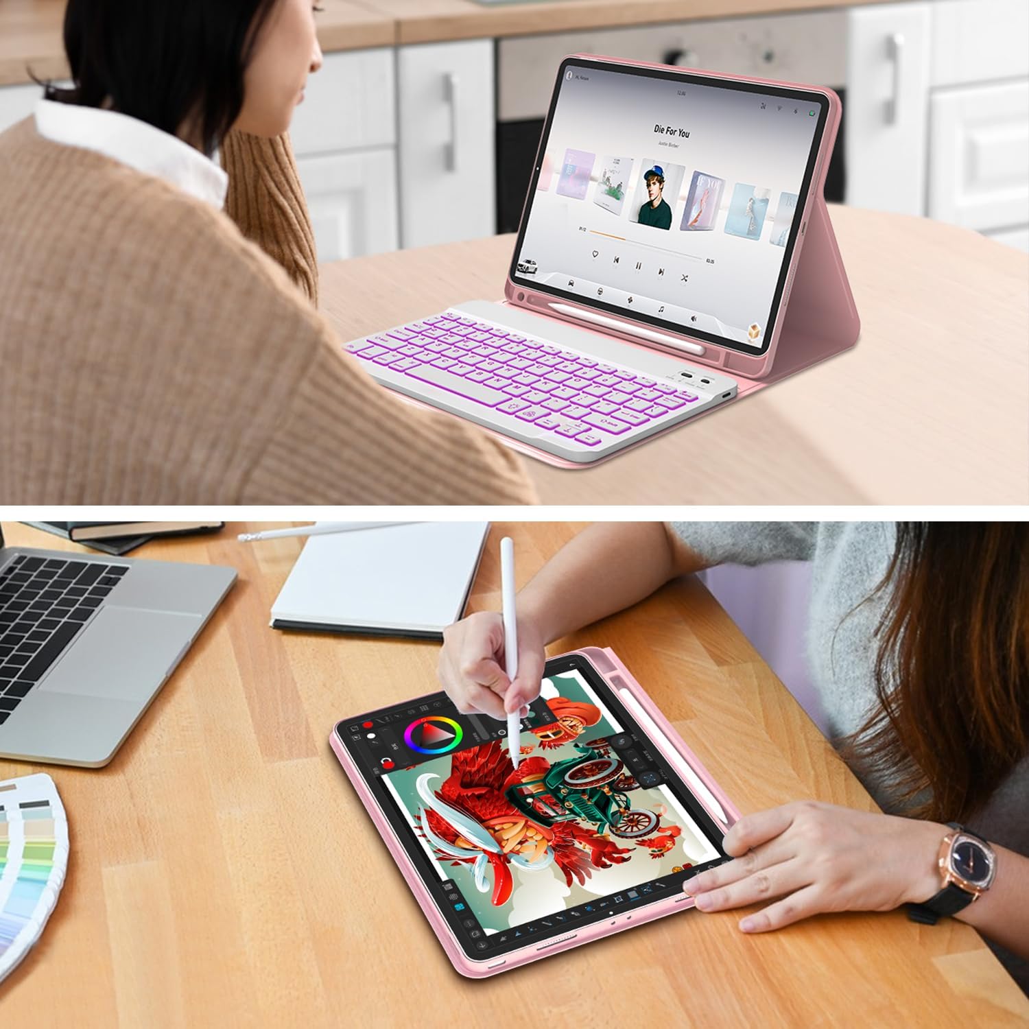 Keyboard Case for iPad Air 11-inch (M3 2025 / M2 2024) 7 Color Backlit Wireless Detachable Keyboard with Pencil Holder for iPad Air 11 2024, Rose Gold