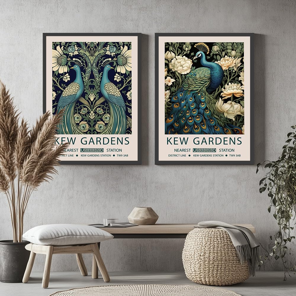 William Morris - Póster de flores y pájaros y pavo real, impresión en lienzo, arte floral para pared, impresiones botánicas, decoración del hogar (SKU4,30.5 x 45.7 cm, marco de fotos negro)