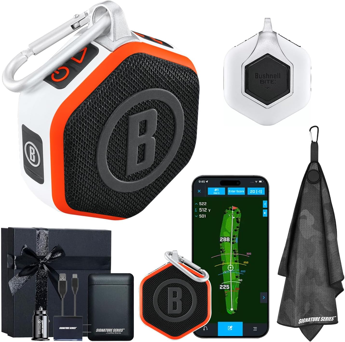Bushnell Golf Wingman Mini GPS Speaker (Orange/White) | Magnetic Mount, Music & Audible Distances for 38,000+ Courses, Carabiner Clip, Waterproof, 36-Hole Battery, with Signature Series Gift Bundle