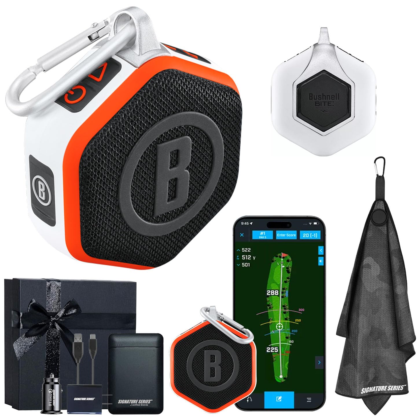 Bushnell Golf Wingman Mini GPS Speaker (Orange/White) | Magnetic Mount, Music &amp; Audible Distances for 38,000+ Courses, Carabiner Clip, Waterproof, 36-Hole Battery, with Signature Series Gift Bundle