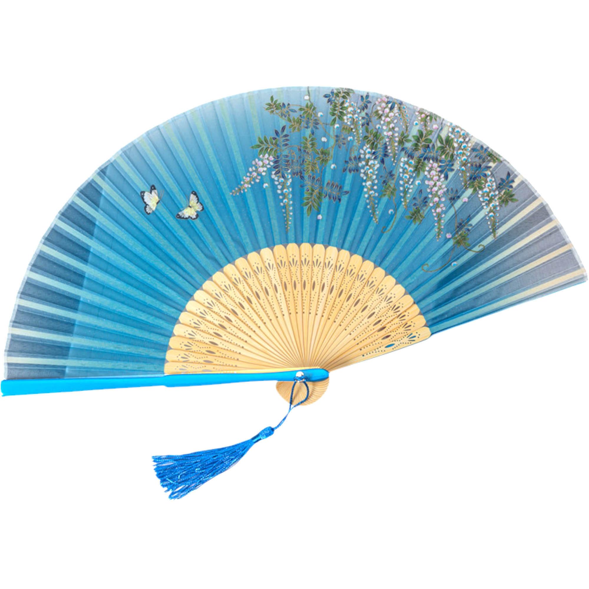 GFM® Bamboo Silk Handheld Folding Japanese Chinese Hand Fan for Summer, Wedding, Party Favour (MR-E) (F18-39-Wisteria Bloom)(FLSLK-F18-39) — image 1