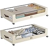 Under Bed Storage with Wheels,XXL 60L Under Bed Storage Containers with Clear Lids, Rolling Under Bed Metal Drawer for Clothes, Shoes,Toys (White, 2 Pack)