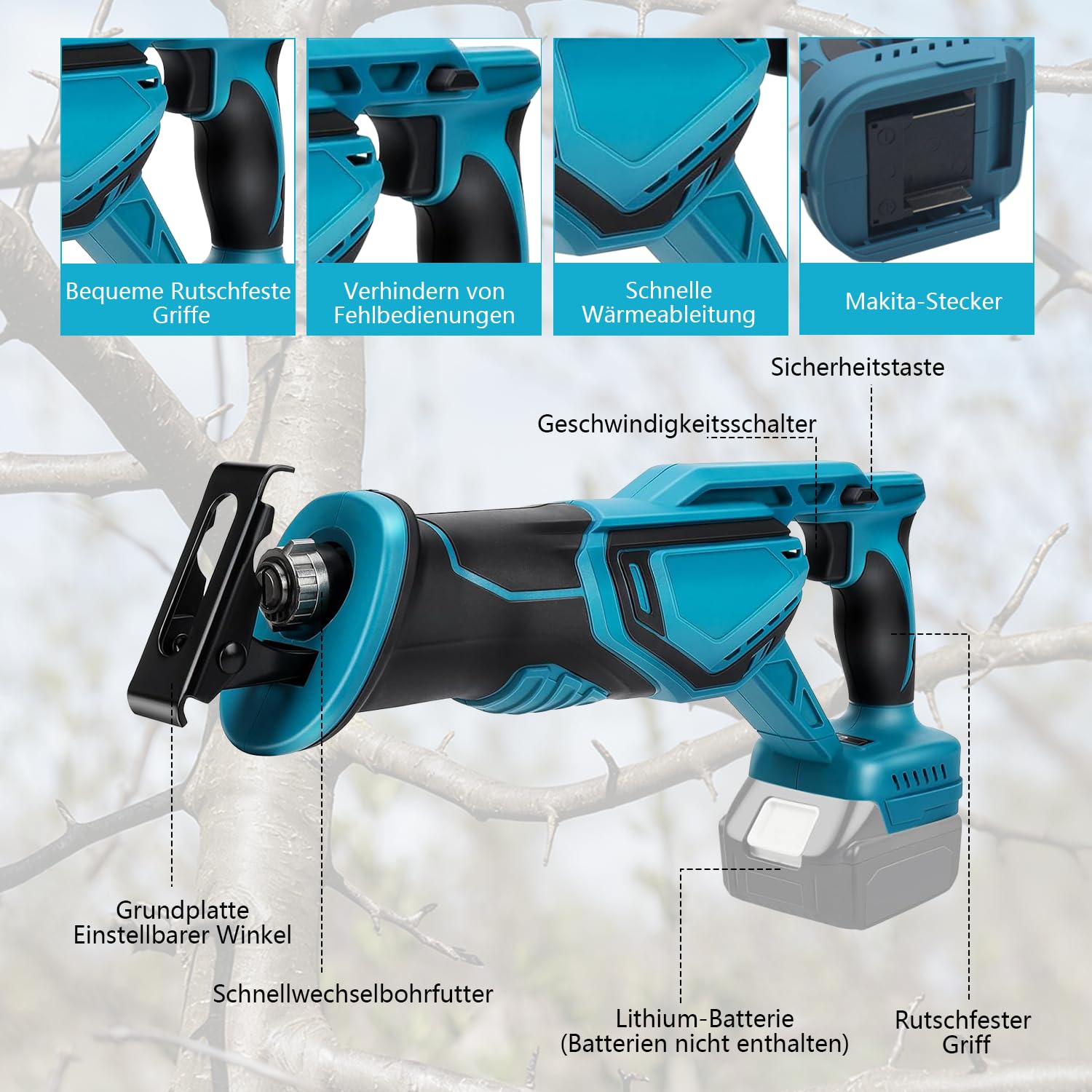 Sierra de sable inalámbrica compatible con batería Makita de 18 V, sierra de sable inalámbrica para serrar madera/acero con 4 hojas de sierra sable, gafas protectoras y guantes (sin batería/sin