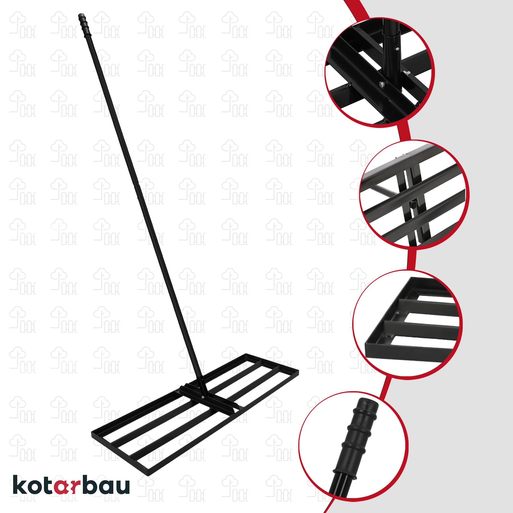 KOTARBAU® Rasenrakel - 90 x 30 cm - Rasen Nivellierrechen - mit Stahlstiel - 175 cm - Gartenwerkzeug zur Rasenpflege - Rasen Rakel - Gartenzubehör - Stahl - Schwarz