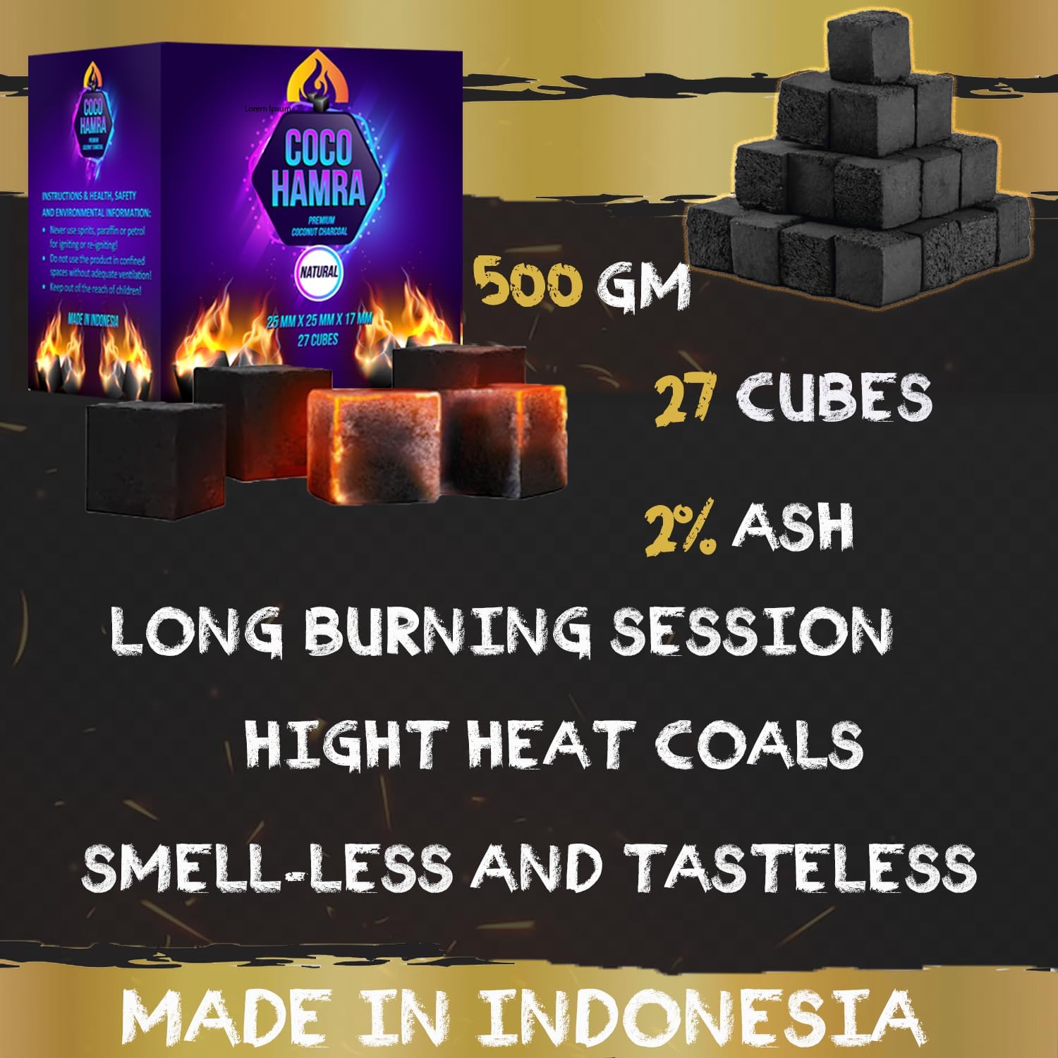 1080 Pcs 10KG Natural Coconut Hookah Charcoal Flat Cubes | Small 25MM x 17MM Cube| Lounge Box: Premium Quality Shisha Nargileh Coals- Multipurpose- Master Case (Made in Indonesia)
